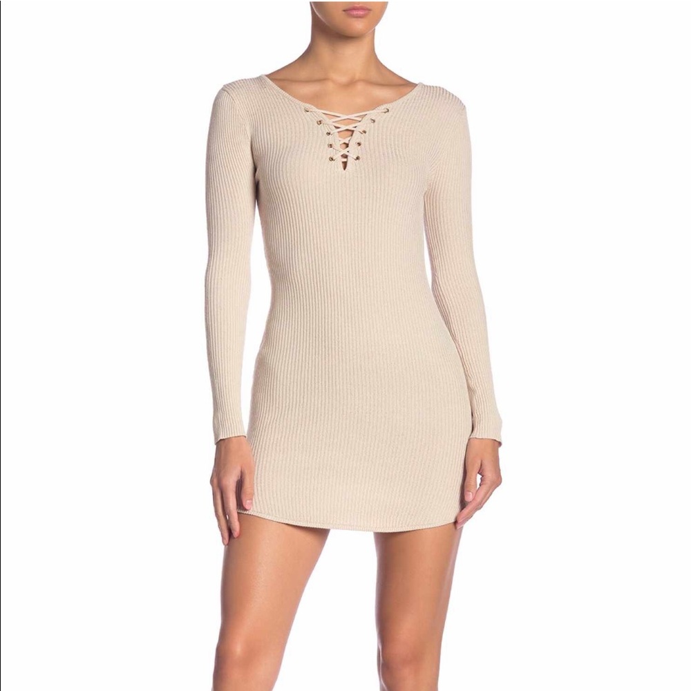 Cream ribbed knit dress with criss cross neckline
